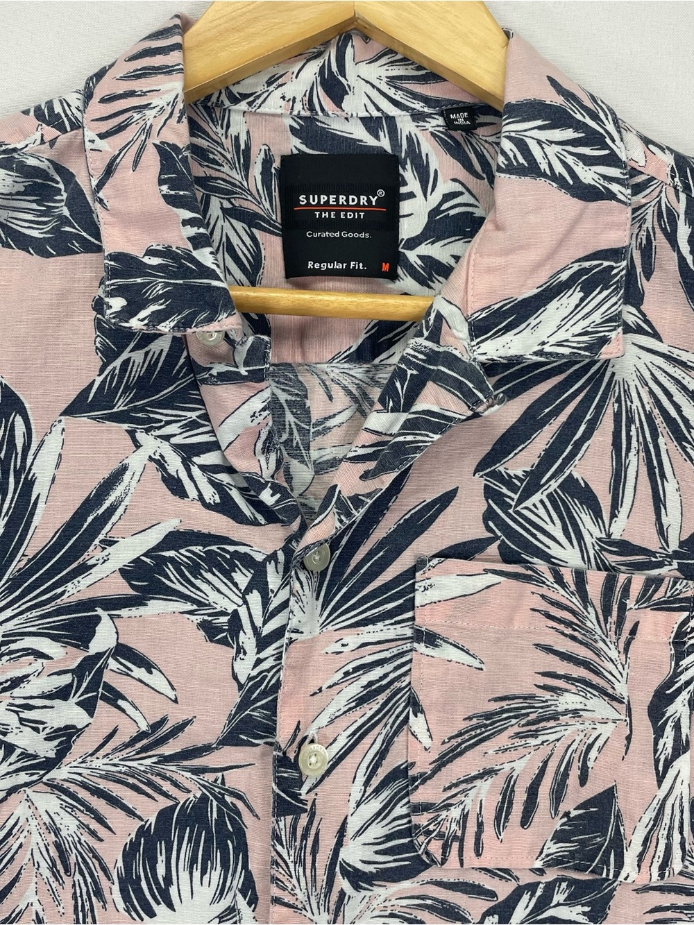 Superdry Linen Blend Shirt Mens M Floral Pink Blue Hawaiian Reg Fit Short Sleeve